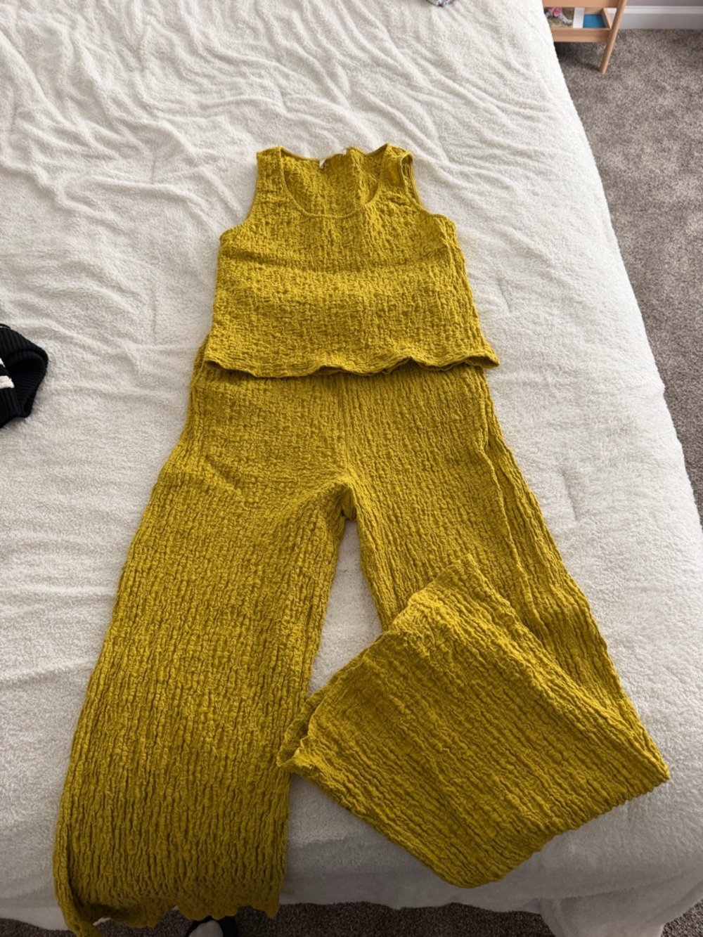 Crinkled Wide-Leg Pant Set in Mustard - Sleeveless Top & Pants